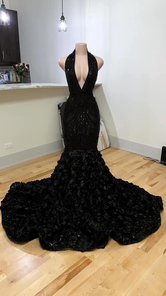 Black Halter Neck Mermaid Evening Dress With 3D Flower Sexy Formal Gow Simplepromdress Black Halter Neck Mermaid Evening Dress With 3D Flower Sexy Formal Gow Simplepromdress