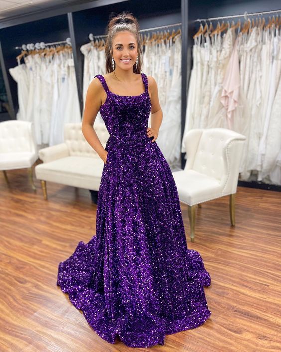 Gorgeous Square Neck Purple Sequins Long Prom Dresses With Pockets Y82 Simplepromdress Gorgeous Square Neck Purple Sequins Long Prom Dresses With Pockets Y82 Simplepromdress
