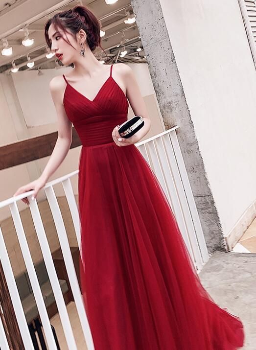 Wine Red Simple Low Back Straps Tulle Prom Dress, Formal Dress Y772