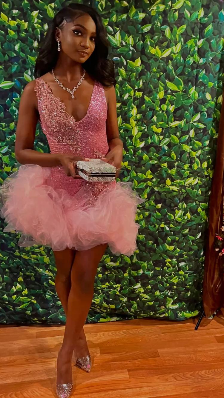 Cute V Neck Pink Short Homecoming Dress and Bottom Tulle Ruffles,Pink Simplepromdress Cute V Neck Pink Short Homecoming Dress and Bottom Tulle Ruffles,Pink Simplepromdress