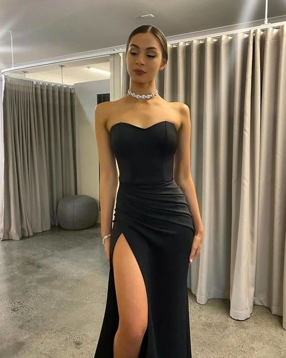 Glamorous Mermaid Sweetheart Black Satin Long Prom Dresses Sexy