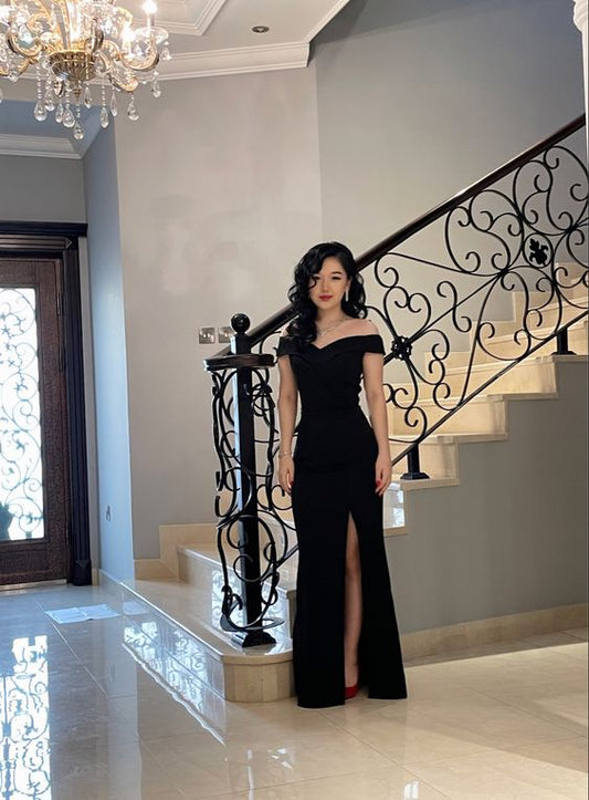 Elegant Off The Shoulder Black Prom Dress With Side Split Y1011