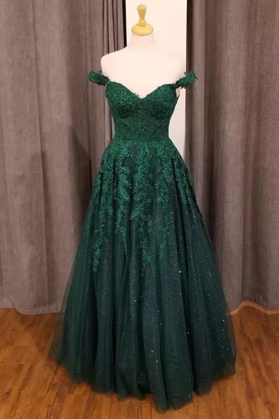 Hunter Green Floral Appliques Off-the-Shoulder A-Line Prom Dress Y1702 Simplepromdress Hunter Green Floral Appliques Off-the-Shoulder A-Line Prom Dress Y1702 Simplepromdress