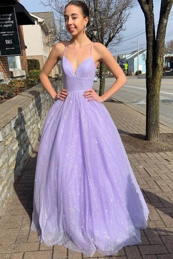 Sparkle Lilac Long Prom Dresses A-line V-neck Formal Dress Y1742