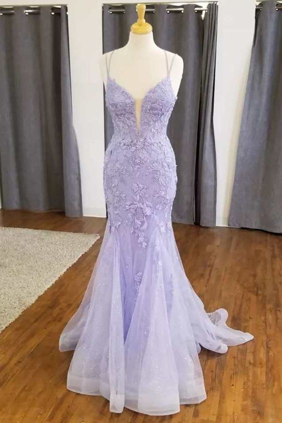 Mermaid Lavender Floral Lace Straps Long Prom Dress Y1727 Simplepromdress Mermaid Lavender Floral Lace Straps Long Prom Dress Y1727 Simplepromdress