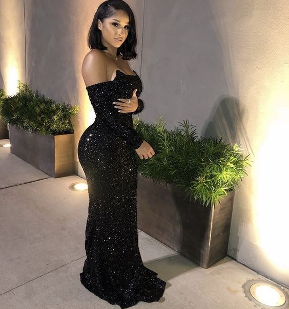 Sheath/Column Sequins Off-the-Shoulder Long Sleeves Black Evening Dres Simplepromdress Sheath/Column Sequins Off-the-Shoulder Long Sleeves Black Evening Dres Simplepromdress