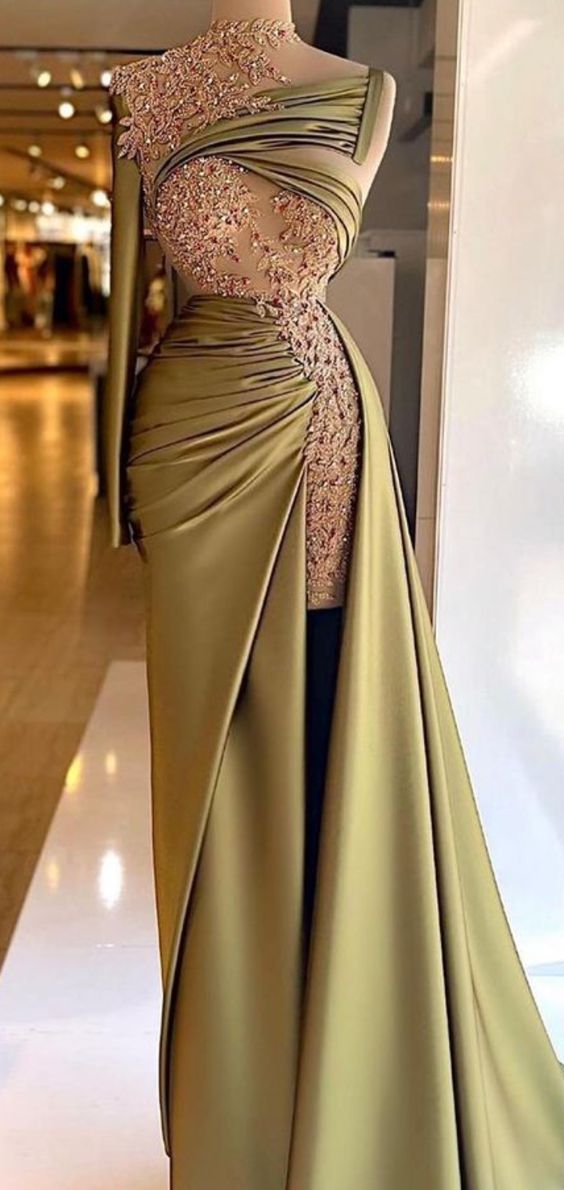 One Sleeve Mermaid Olive Green Satin Long Prom Dress Charming Evening Simplepromdress One Sleeve Mermaid Olive Green Satin Long Prom Dress Charming Evening Simplepromdress