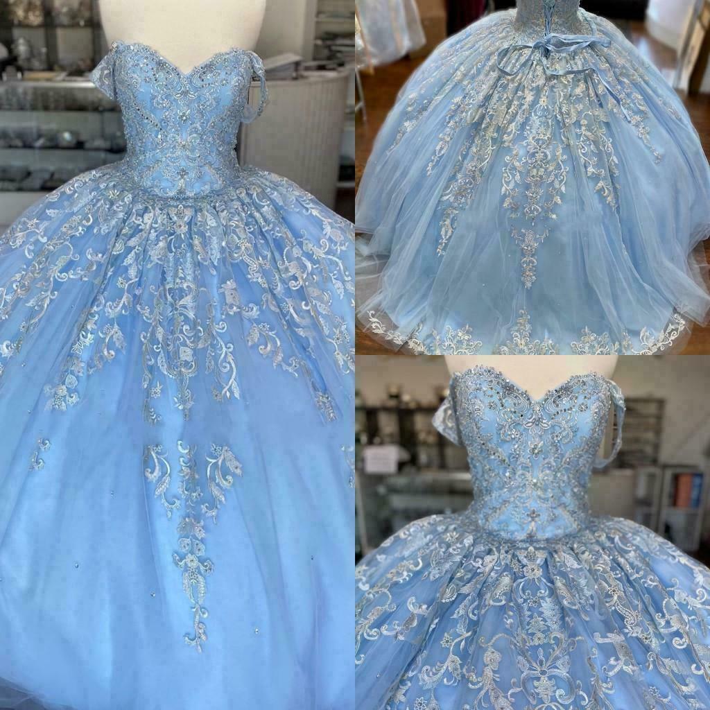 Winter Wonderland Blue Ball Gown Quinceanera Dress Blue Tulle Lace Ball Gown Y674