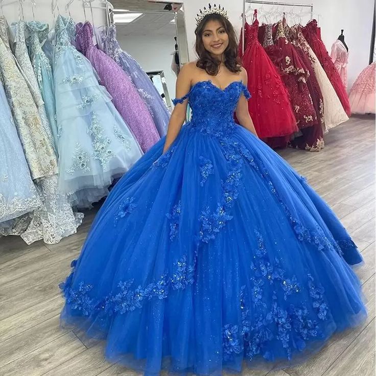 Royal Blue Off-Shoulder Ball Gown Quinceanera Dresses Fashion 3D Flowe Simplepromdress Royal Blue Off-Shoulder Ball Gown Quinceanera Dresses Fashion 3D Flowe Simplepromdress