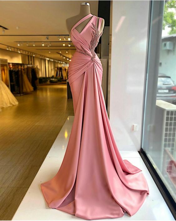 Pink Pleated Prom Dresses, Pearls Prom Dresses, Satin Evening Dresses, Arabic Prom Dresses Y560