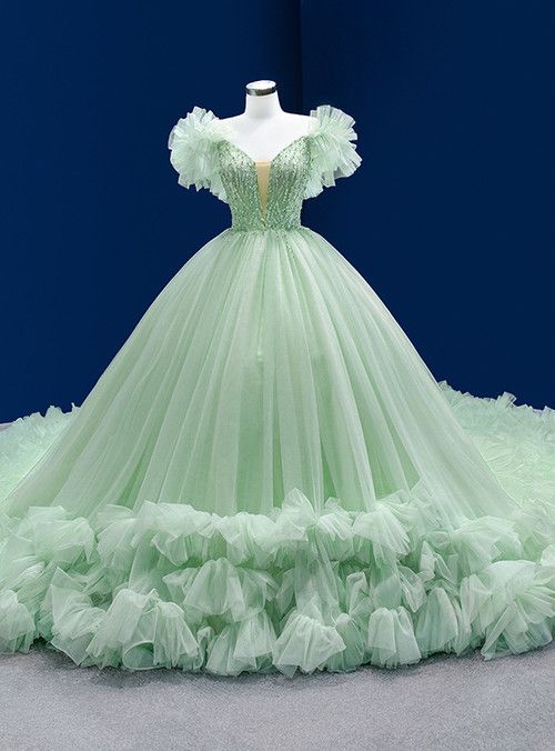 Mint Green Tulle V-neck Beading Sequins Ball Dress With Train Y613 Simplepromdress Mint Green Tulle V-neck Beading Sequins Ball Dress With Train Y613 Simplepromdress