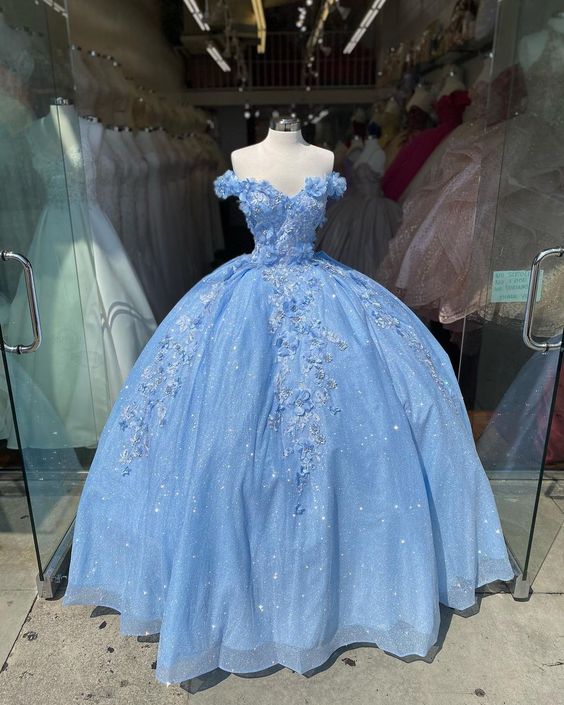 Off the shoulder blue ball gown , sparkly prom dress with flowers S269 Simplepromdress Off the shoulder blue ball gown , sparkly prom dress with flowers S269 Simplepromdress