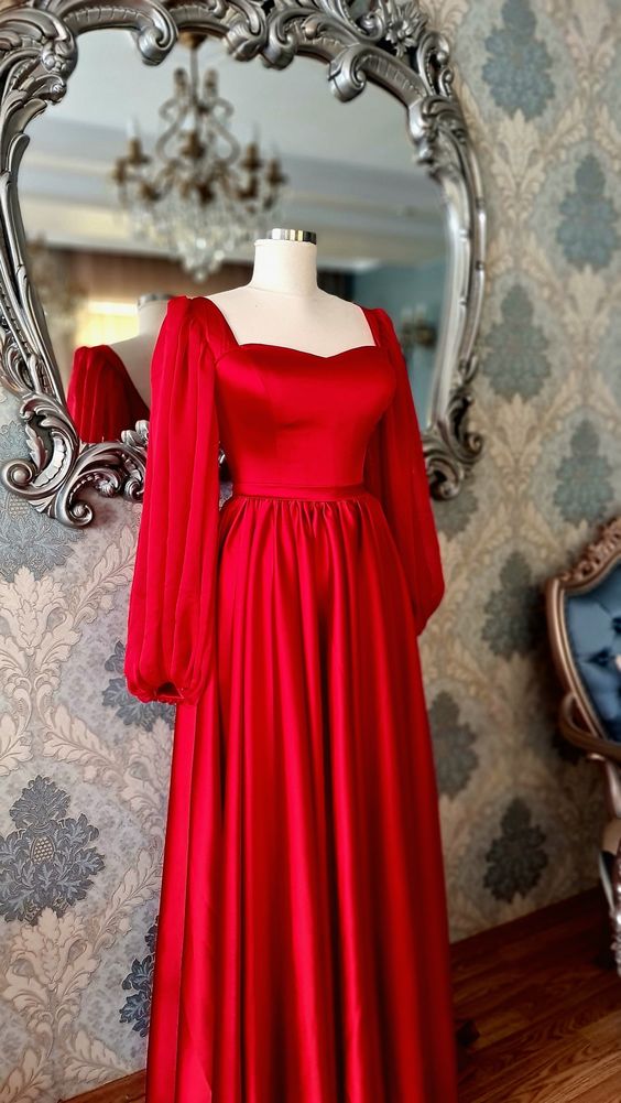 Charming Red Satin Vintage Prom Dress,Red Long Sleeves Graduation Dres Simplepromdress Charming Red Satin Vintage Prom Dress,Red Long Sleeves Graduation Dres Simplepromdress