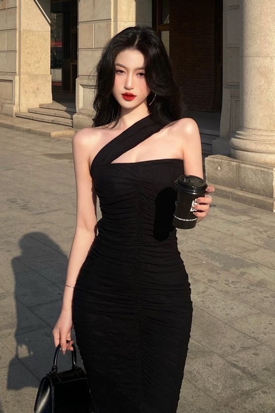 Asymmetric Shoulder Straps Black Bodycon Dress,Sexy Black Prom Dress,Black Party Dress Y1189