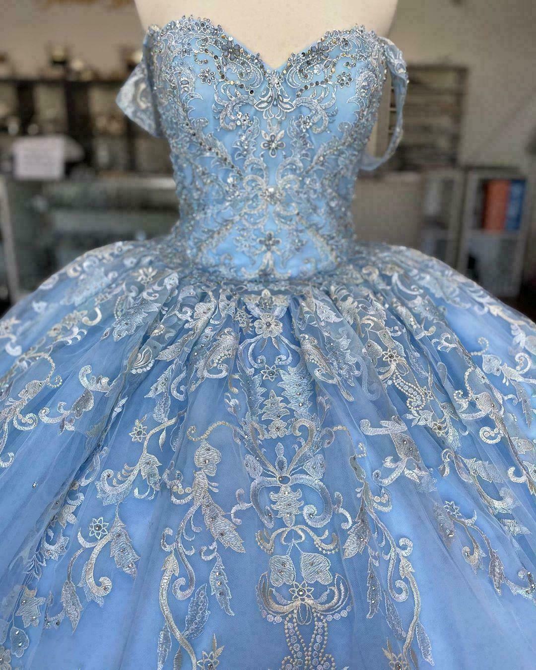 Winter Wonderland Blue Ball Gown Quinceanera Dress Blue Tulle Lace Ball Gown Y674