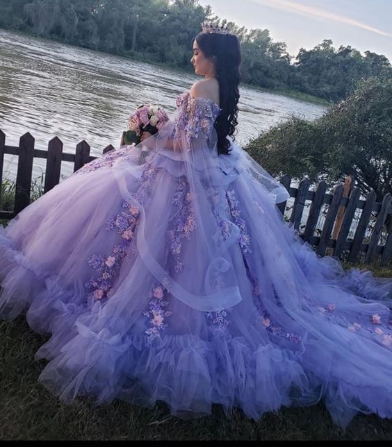 Luxurious Off The Shoulder Tulle Floral Appliques Ball Gown Purple Swe Simplepromdress Luxurious Off The Shoulder Tulle Floral Appliques Ball Gown Purple Swe Simplepromdress