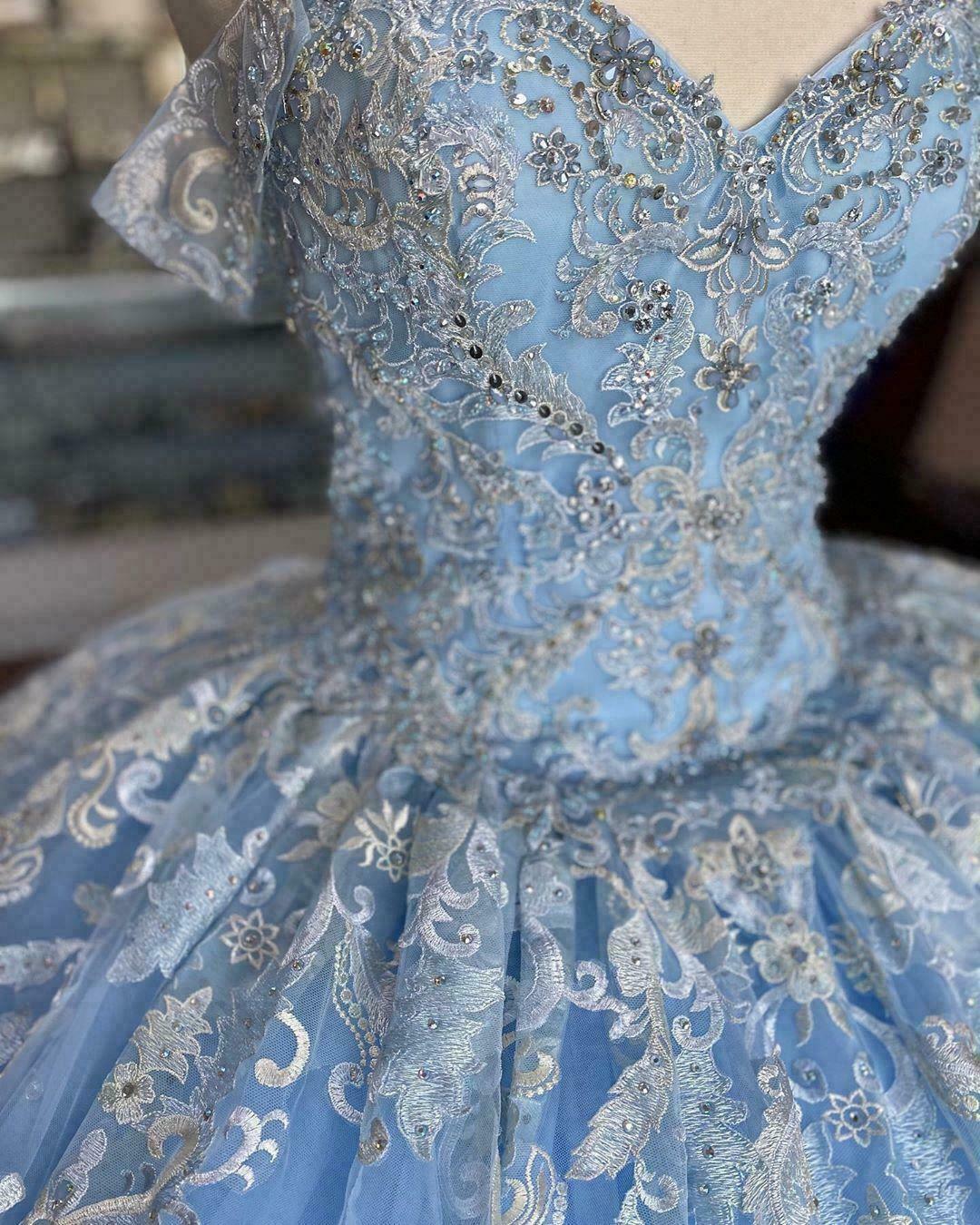 Winter Wonderland Blue Ball Gown Quinceanera Dress Blue Tulle Lace Ball Gown Y674