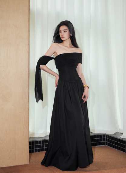 Chic Off The Shoulder Black Satin A Line Long Evening Dress Formal Wedding Guest Dress SP2087