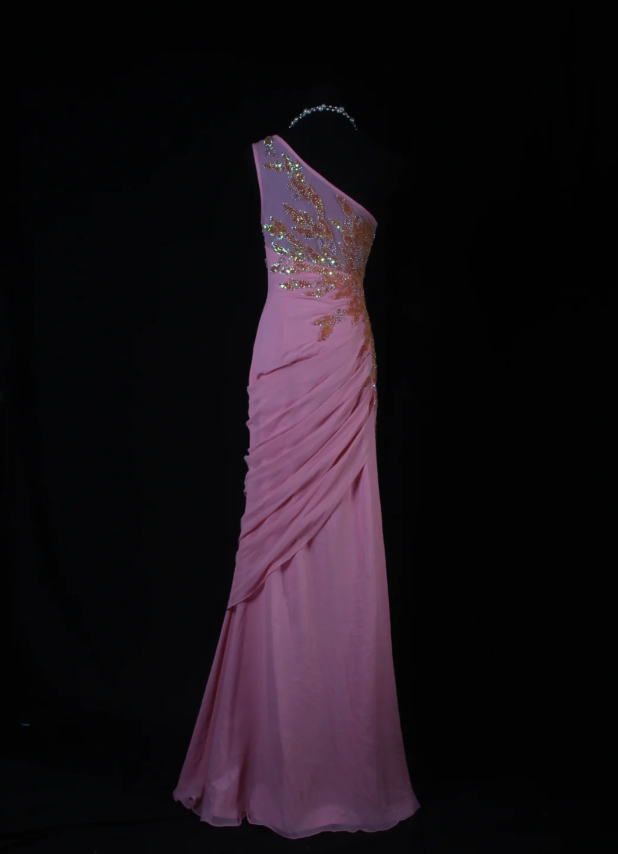 Elegant Pink One Shoulder Chiffon Sequin Beaded Mermaid Evening Dress Slit Long Birthday Prom Dress SP1692