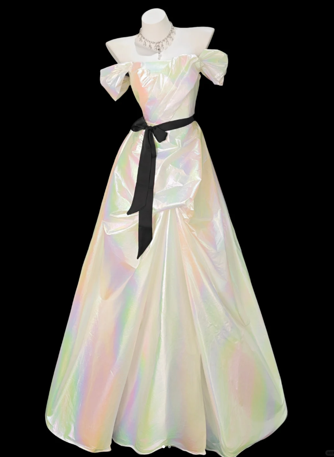 Glitter Off The Shoulder Satin Pleated A Line Long Party Dress Birthday Prom Dress SP1933