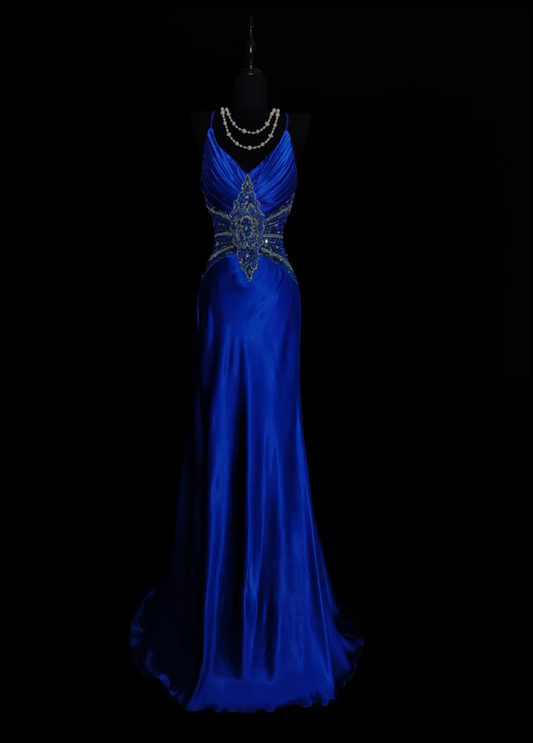 Gorgeous Royal Blue Spaghetti Straps Satin Pleated Sequin Beaded Mermaid Prom Dress Backless Long Party Dress SP443