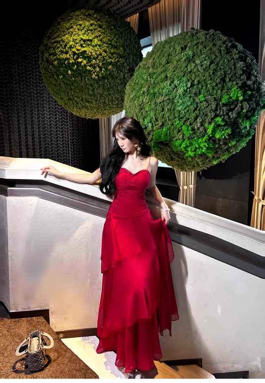 Sexy Spaghetti Straps Red Chiffon Ruffles Mermaid Long Party Dress Formal 20th Birthday Outfits SP1994