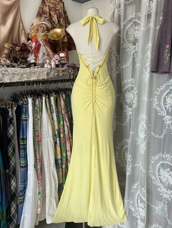 Elegant Yellow Mermaid Halter Neck Sequin Diamond Long Prom Dress,Backless Slit Evening Dress Y8554
