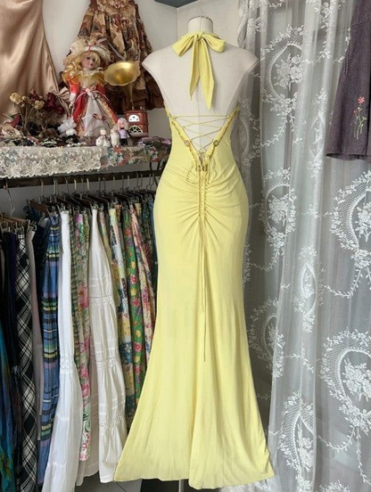 Elegant Yellow Mermaid Halter Neck Sequin Diamond Long Prom Dress,Backless Slit Evening Dress Y8554