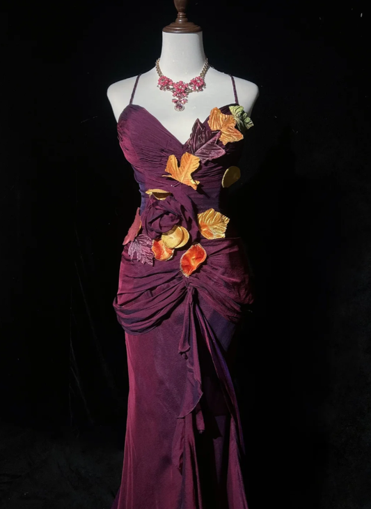 Vintage Spaghetti Straps V Neck Satin Appliques Mermaid Long Evening Dress Dark Fuchsia Prom Dress SP1785