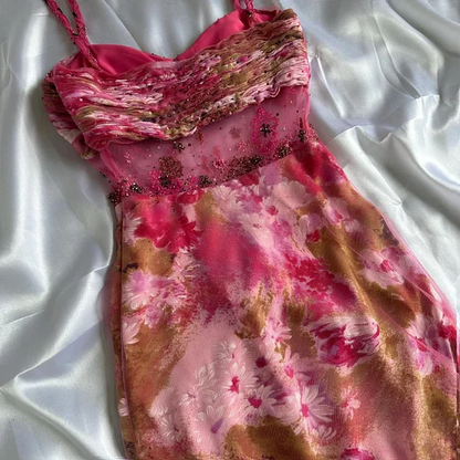 Pretty Pink Chiffon Printed Floral Beaded Mermaid Prom Dress Long Evening Dress Y9772
