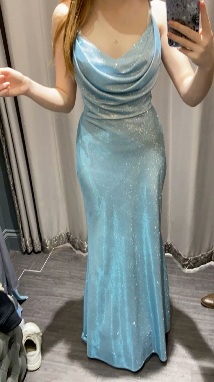Charming Spaghetti Straps Blue Satin Sequin Mermaid Evening Dress Long Prom Gown SP554