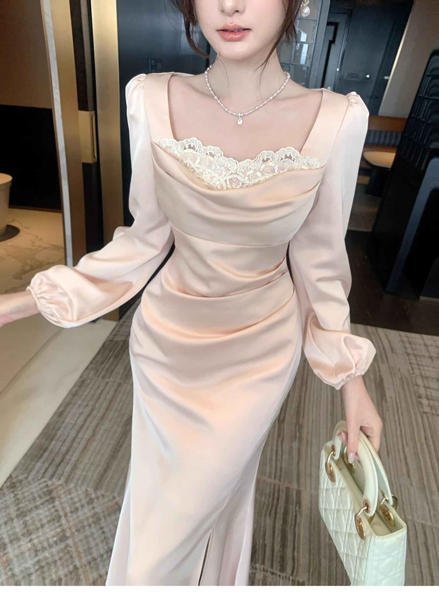 Sweet Lace Neck Pink Satin Mermaid Long Wedding Dress Formal Evening Dress Birthday Dress SP1541