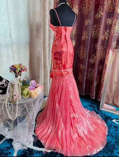 Vintage Spaghetti Straps Satin Embroidery Beaded Mermaid Evening Dress Pink Long Prom Gown SP2375