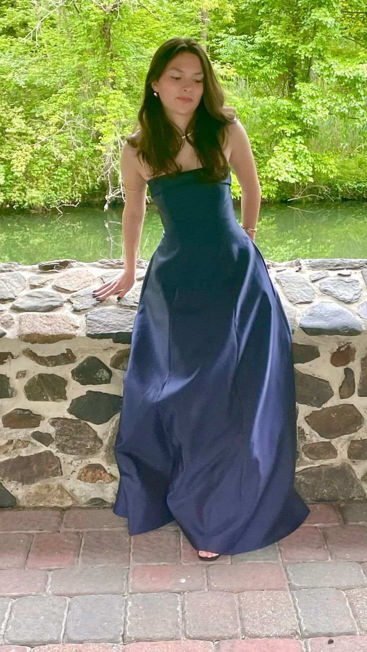 Stylish Navy Blue Strapless Satin A Line Long Party Dress Evening Gowns SP2127