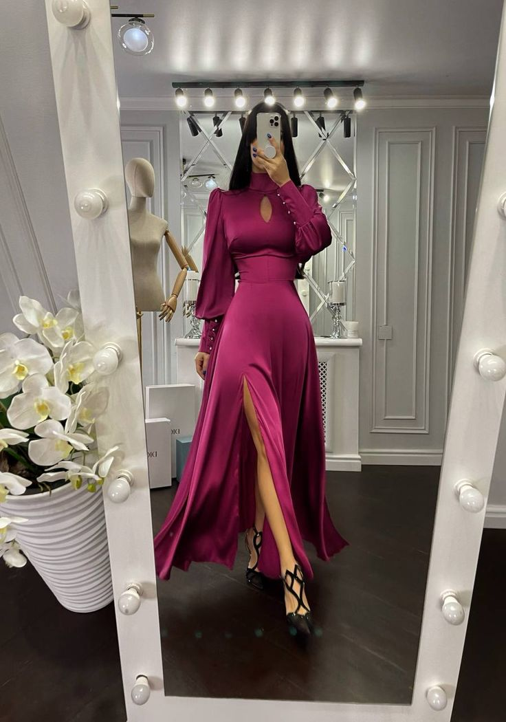 A-line Puff Sleeves Long Evening Dress With Split Y7015