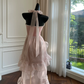 Simple Halter Pink Tulle Pearls Beaded High-Low Ruffles Homecoming Dress Party Dress Y8582