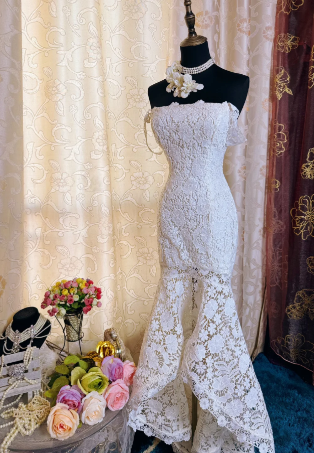 Elegant Spaghetti Straps White Lace Mermaid Long Party Dress Birthday Prom Dress SP1945