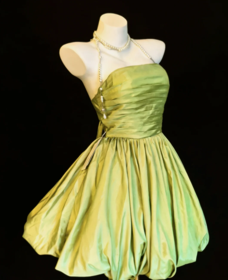 Simple Strapless Green Satin Pleated A Line Short Birthday Outfits Formal 8th Grade Homecoming Dress SP1630