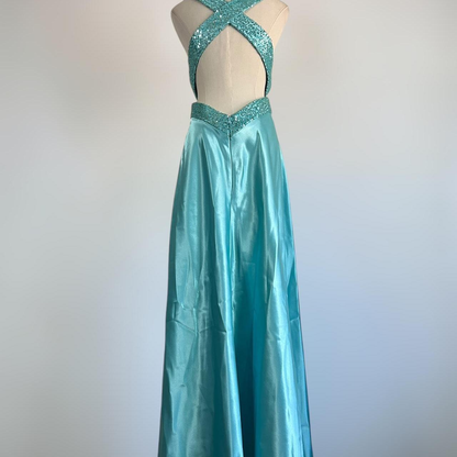 Blue V Neck Satin Sequin Formal Prom Dress Backless Evening Dress Y8548
