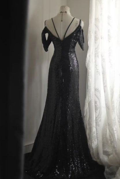 Sparkly Spaghetti Straps Black Sequin Mermaid Long Wedding Guest Dress Evening Gown SP1173