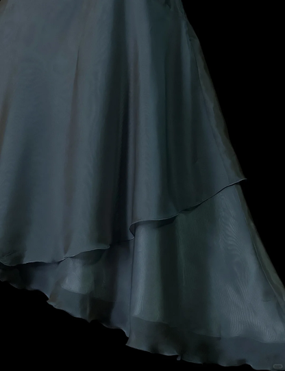 Vintage Spaghetti Straps Satin Tulle Beaded Mermaid Long Prom Dress Dark Dusty Blue Long Party Dress SP4042