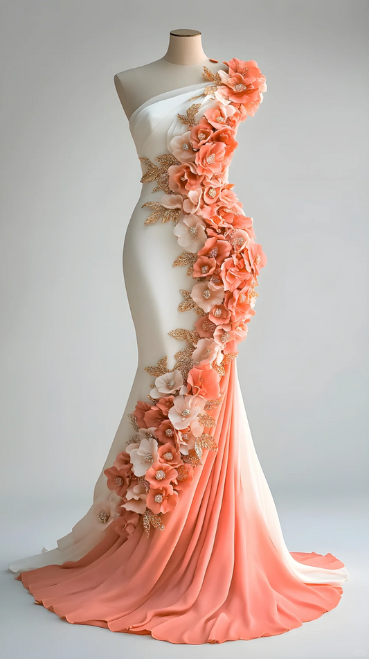 Classy Peony Flower Appliques Chiffon Prom Dress,Long Mermaid Evening Dress Y8566