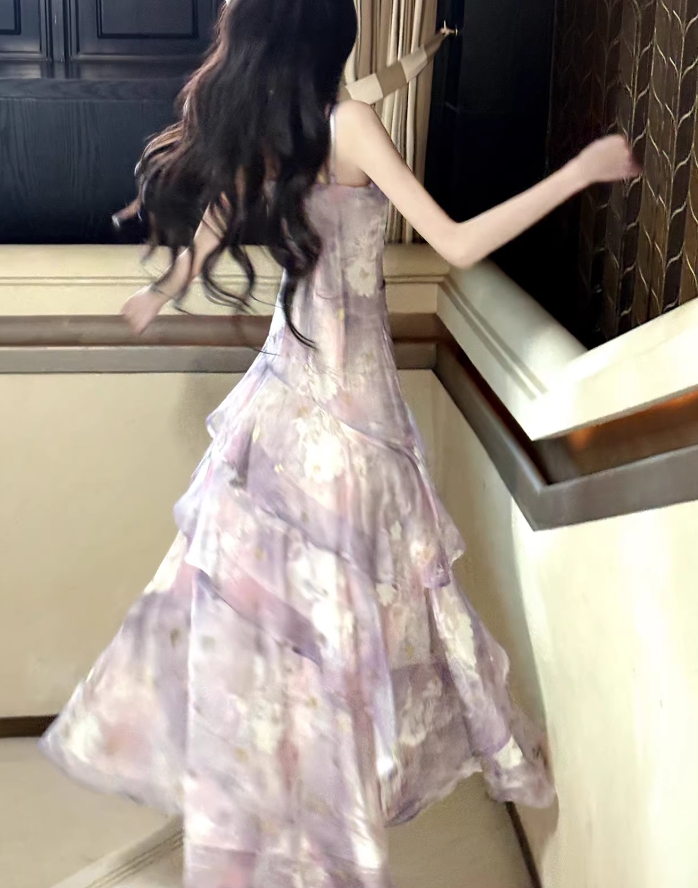 Pretty Spaghetti Straps Purple Chiffon Ruffles Print Floral Mermaid Long Party Dress Birthday Prom Gowns SP1992