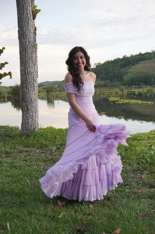 Classy Off the Shoulder Chiffon Tiered Prom Gown Lavender Long Evening Dresses SP2103