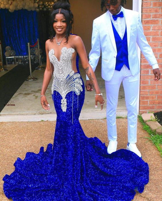 Royal Blue Sequins Mermaid Prom Dress Formal Evening Occasion Gowns Y6549