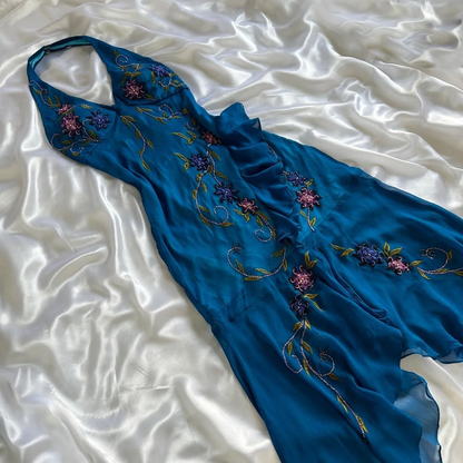 Pretty Halter Blue Chiffon Ruffle Mermaid Evening Dress Long Party Gown Y9745