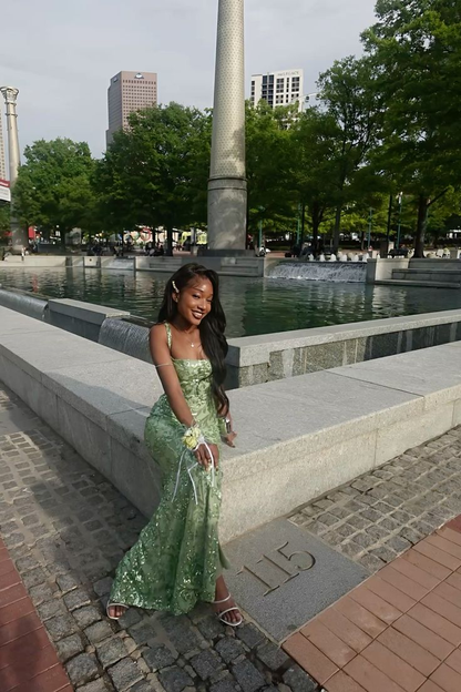 Trendy Spaghetti Straps Green Sequin Mermaid Slit Evening Dress Formal Wedding Guest Dress SP735
