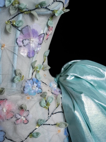 Charming Strapless Tulle Floral Mermaid Long Party Dress Mint Green Long Evening Dresses SP4102