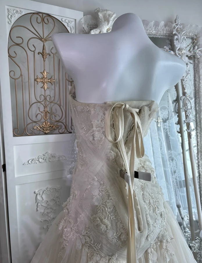 Classy Strapless Off White Tulle Beaded Appliques Mermaid Long Birthday Party Dress Prom Gown SP1463