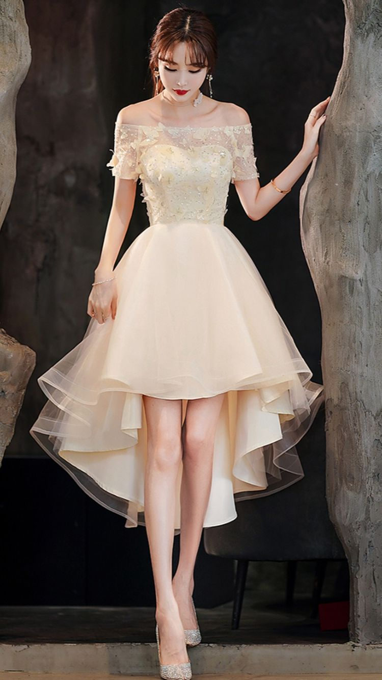 Champagne tulle high low prom dress champagne formal dress Y1937
